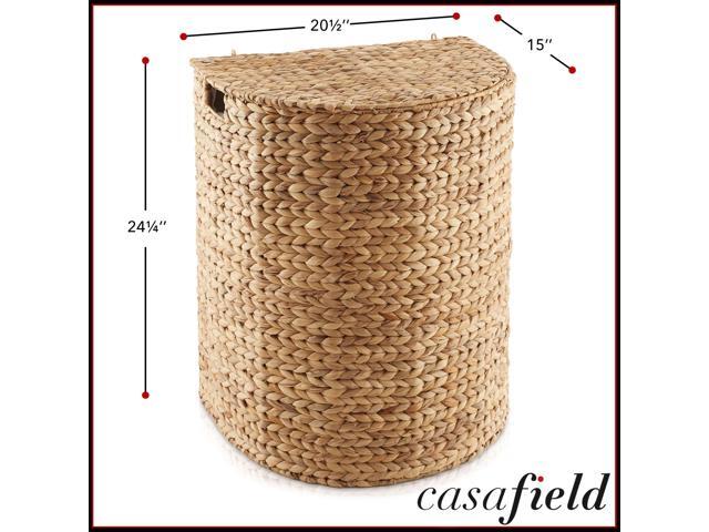 Casafield Half Moon Laundry Hamper with Lid and Removable Liner Bag - Natural, Woven Water Hyacinth Laundry Basket for Clothes and Towels