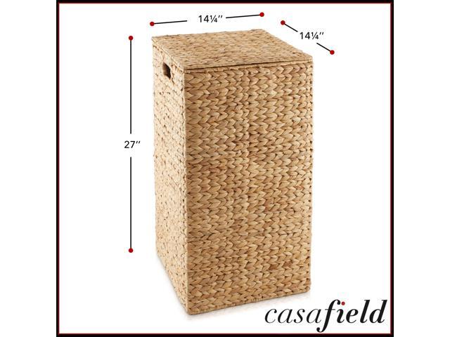 Casafield Laundry Hamper with Lid and Removable Liner Bag - Natural, Woven Water Hyacinth Square Laundry Basket Sorter for Clothes and Towels
