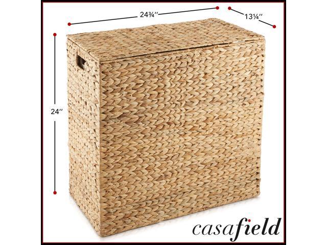 Casafield 2-Section Laundry Hamper with Removable Liner Bags - Natural, Woven Water Hyacinth Double Laundry Basket Sorter for Clothes and Towels