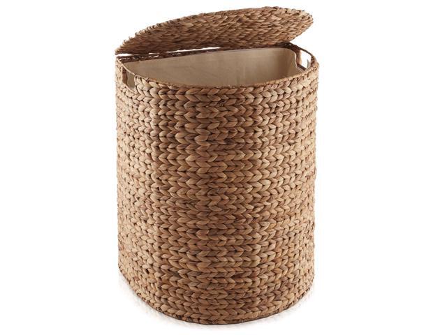 Casafield Half Moon Laundry Hamper with Lid and Removable Liner Bag - Cinnamon, Woven Water Hyacinth Laundry Basket for Clothes and Towels