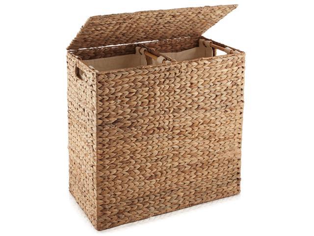 Casafield 2-Section Laundry Hamper with Removable Liner Bags - Cinnamon, Woven Water Hyacinth Double Laundry Basket Sorter for Clothes and Towels