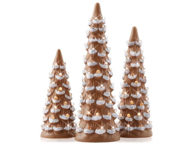 Set of 3 Hand Painted Ceramic Christmas Tree - Gingerbread Pre-Lit 8, 10, 12-Inch Trees with Lights