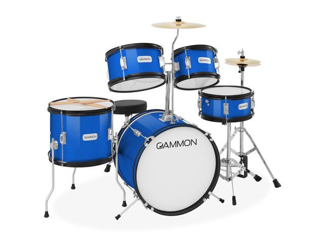 Gammon Percussion 5-Piece Junior Starter Drum Kit with Cymbals, Hardware, Sticks, & Throne - Blue