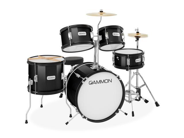 Gammon Percussion 5-Piece Junior Starter Drum Kit with Cymbals, Hardware, Sticks, & Throne - Black