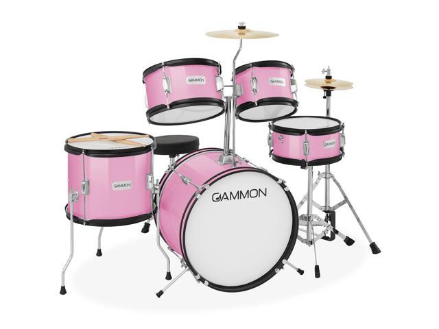 Gammon Percussion 5-Piece Junior Starter Drum Kit with Cymbals, Hardware, Sticks, & Throne - Pink