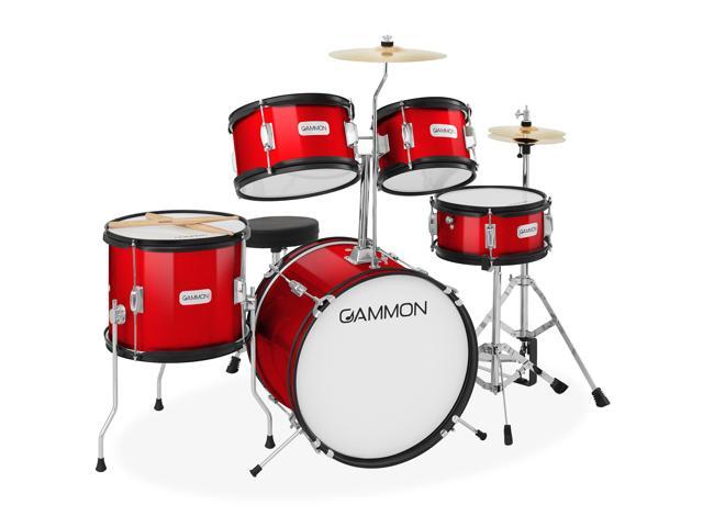 Gammon Percussion 5-Piece Junior Starter Drum Kit with Cymbals, Hardware, Sticks, & Throne - Red