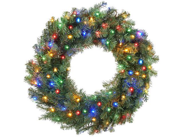 Casafield 30' Pre-Lit Fir Artificial Christmas Wreath Holiday DÃ©cor, 100 LED White & Multicolor Lights, 220 PVC Tips for Front Door, Window, or Mantel