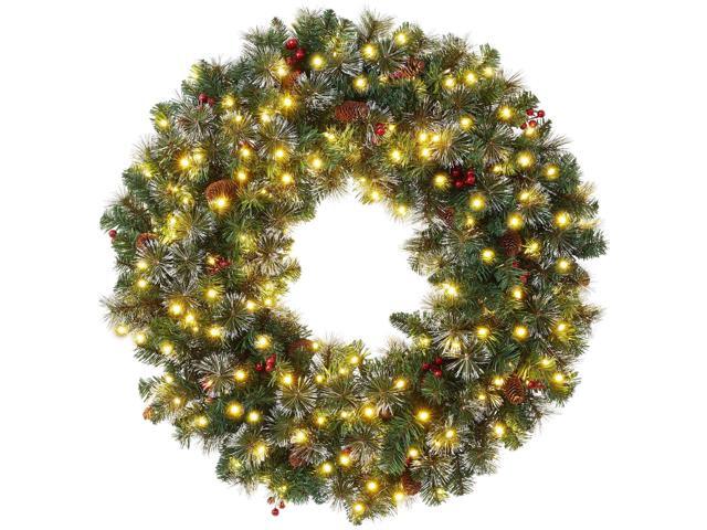 Casafield 36' Pre-Lit Fir Artificial Christmas Wreath Holiday DÃ©cor, 150 LED Lights, 360 PVC Tips Pinecones, Berries for Front Door, Window, or Mantel