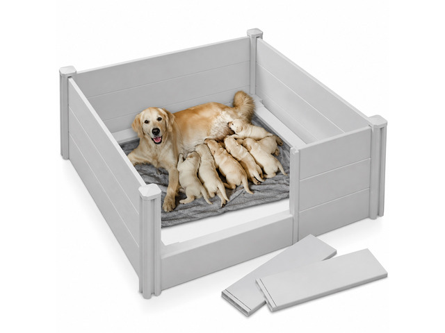 SmithBuilt 48' x 48' x 18' Whelping Box for Dogs and Puppies, Heavy Duty PVC Whelping Pen and Birthing Box with Rails and Adjustable Height Door, Gray