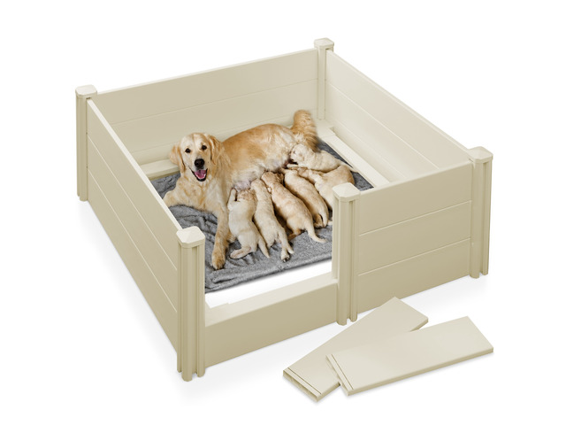 SmithBuilt 48' x 48' x 18' Whelping Box for Dogs and Puppies, Heavy Duty PVC Whelping Pen and Birthing Box with Rails and Adjustable Height Door, Tan