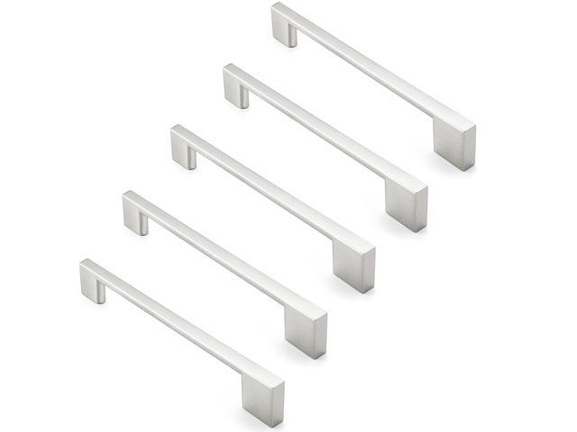 Cauldham 5 Pack Solid Kitchen Cabinet Pulls Handles (6-5/16' Hole Centers) - Modern Thin Profile Drawer/Door Hardware - Style M255 - Satin Nickel