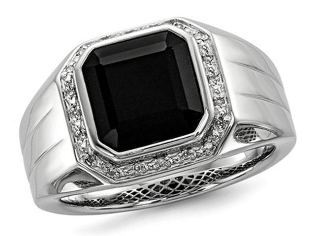 Mens Black Onyx Ring with Accent Diamonds in Rhodium Plated Sterling Silver