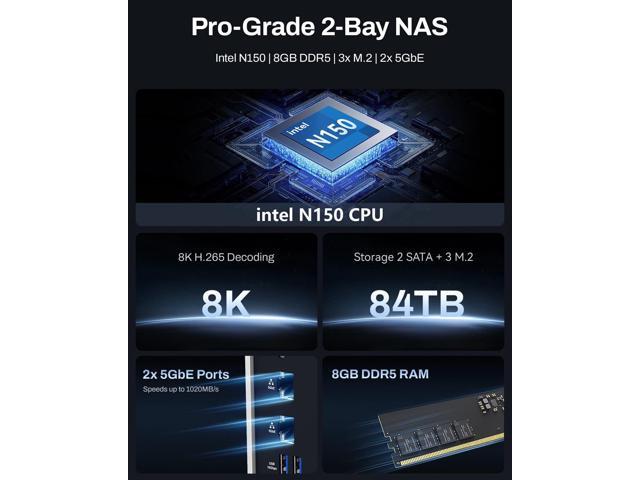 TERRAMASTER F2-425 Plus NAS Storage - 2Bay Intel N150 Quad-Core CPU, 8GB RAM DDR5, 5GbE LAN x 2, M.2 Slot x 3, Network Attached Storage for...