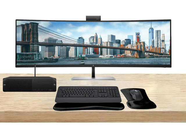 HP Workstation Bundle Z2 SFF G9 i7, 64GB RAM, 1TB SSD, Windows 11 Pro, 549pm 49' Curved DQHD Monitor and MK650 Wireless Keyboard & Mouse with Gel Pad