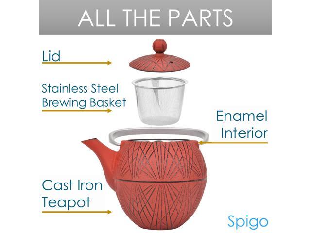Spigo Hakone Cast Iron Enamel Teapot With Stainless Infuser, Red, 33 Ounces