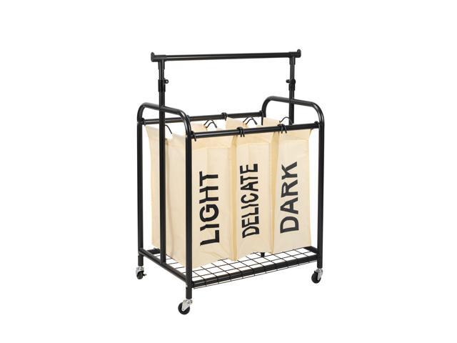 Oceanstar 3-Bag Rolling Laundry Sorter with Adjustable Hanging Bar, White