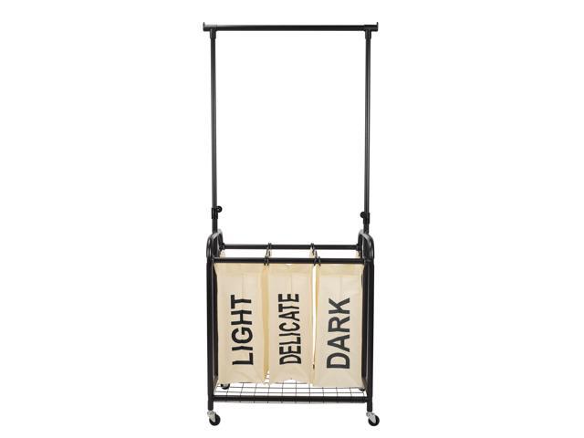 Oceanstar 3-Bag Rolling Laundry Sorter with Adjustable Hanging Bar, White