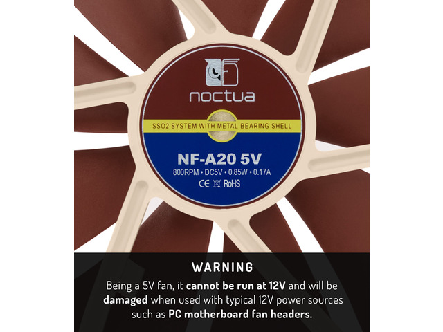 Noctua NF-A20 5V, Premium Quiet Fan with USB Power Adaptor Cable, 3-Pin, 5V Version (200x30mm, Brown)