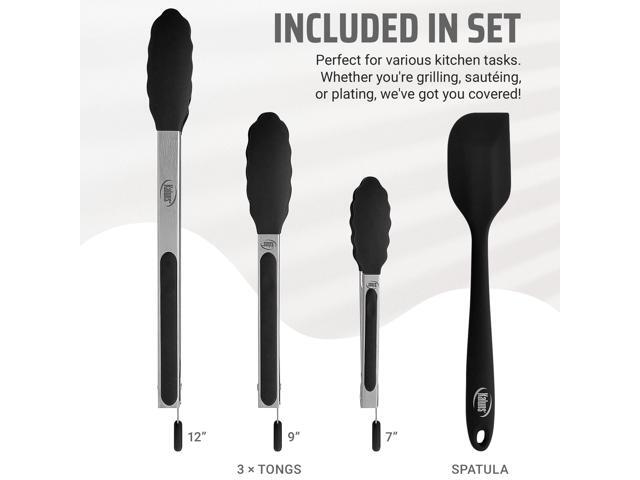 Kaluns Kitchen Tongs, Set of 3 Silicone Tipped Tongs Plus Spatula for Cooking and Grilling, Heat Resistant