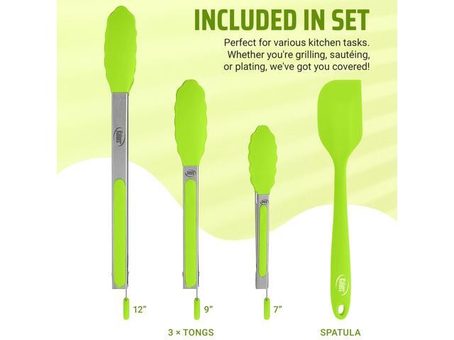 Kaluns Kitchen Tongs, Set of 3 Silicone Tipped Tongs Plus Spatula for Cooking and Grilling, Heat Resistant