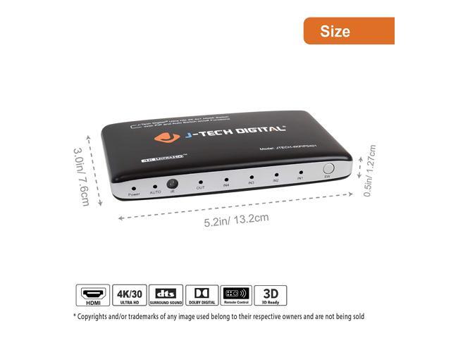 J-Tech Digital 4K@30HZ 4-Port HDMI Switch with PIP, IR, HDCP1.4 Wireless Remote Control, and Auto Switch ON/OFF Functions with Control4 Driver...