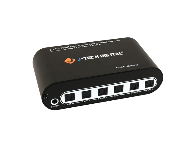 J-Tech Digital Premium Quality SPDIF TOSLINK Digital Optical Audio 4x2 Matrix (Four Inputs Two Outputs)