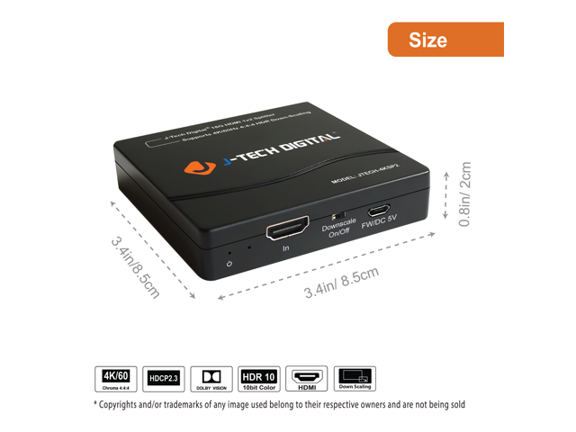 J-Tech Digital HDMI 2.0 1X2 Splitter MRO Downscale 4K@60Hz 4:4:4 [JTECH-4KSP2]