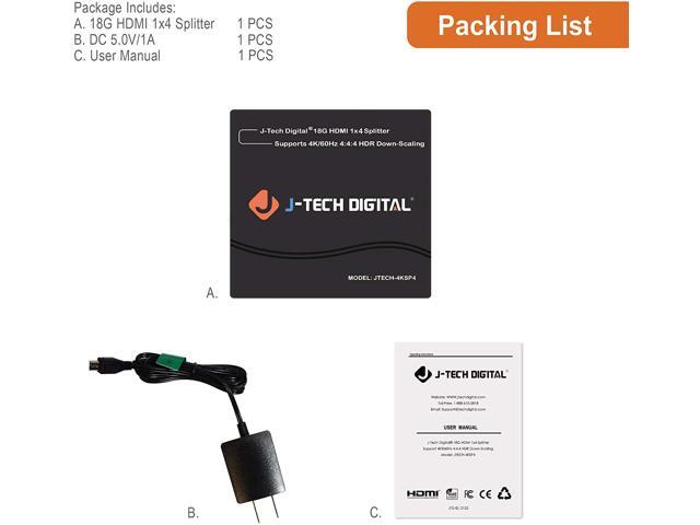 J-Tech Digital 4K60Hz 1X4 HDMI Splitter Supports Multi-Resolution Output 18GBps (JTECH-4KSP4)