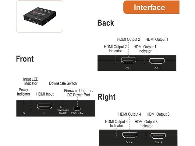 J-Tech Digital 4K60Hz 1X4 HDMI Splitter Supports Multi-Resolution Output 18GBps (JTECH-4KSP4)
