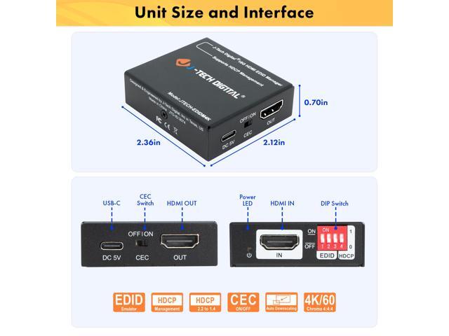 HDMI EDID Emulator Manager 4K60Hz HDMI 2.0, HDCP & EDID Management, 8 EDID Modes Power by USB C or HDMI, Supports CEC by J-Tech Digital...