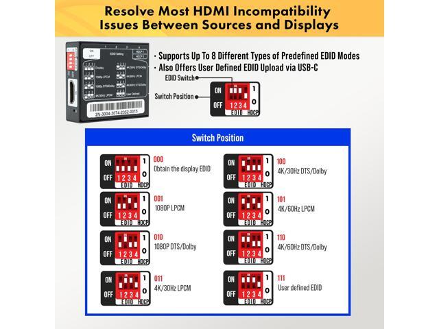HDMI EDID Emulator Manager 4K60Hz HDMI 2.0, HDCP & EDID Management, 8 EDID Modes Power by USB C or HDMI, Supports CEC by J-Tech Digital...