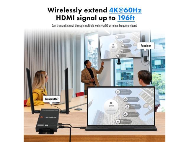 Wireless HDMI Transmitter and Receiver 4K 60Hz Up To 196ft. w/ Low Latency HDMI Loop Output SSID Pairing Channel Change IR Passthrough by J-Tech...