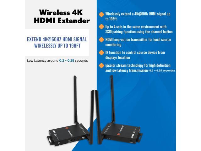 Wireless HDMI Transmitter and Receiver 4K 60Hz Up To 196ft. w/ Low Latency HDMI Loop Output SSID Pairing Channel Change IR Passthrough by J-Tech...