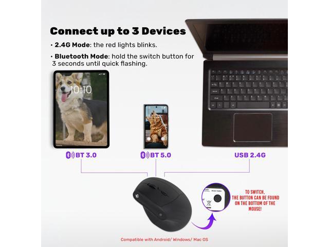 J-Tech Digital Wireless Mouse, Vertical Ergonomic Mouse with 2.4G Wireless & Bluetooth for 3 Multi-Device Function, Adjustable DPI Modes,...