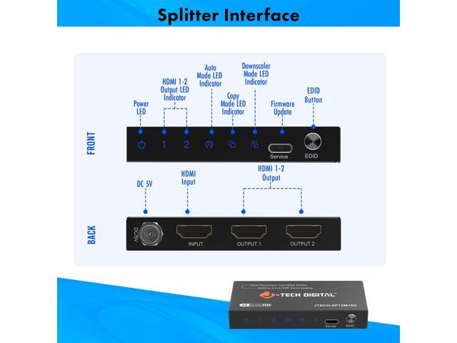 J-Tech Digital HDMI Splitter 1 In 2 Out 4K@60Hz, 1x2 HDMI Splitter For Duplicate/Mirror Screen 4K To 1080P Downscaling Function 3 EDID Settings...
