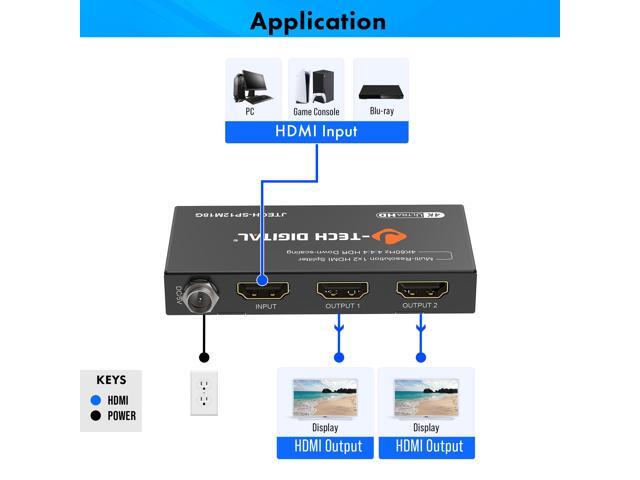 J-Tech Digital HDMI Splitter 1 In 2 Out 4K@60Hz, 1x2 HDMI Splitter For Duplicate/Mirror Screen 4K To 1080P Downscaling Function 3 EDID Settings...