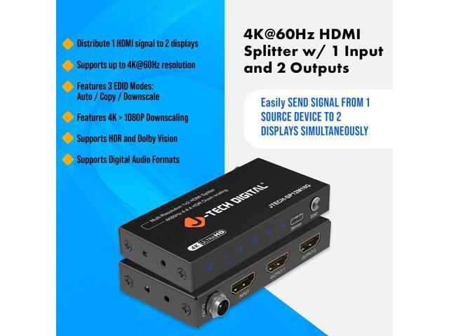J-Tech Digital HDMI Splitter 1 In 2 Out 4K@60Hz, 1x2 HDMI Splitter For Duplicate/Mirror Screen 4K To 1080P Downscaling Function 3 EDID Settings...