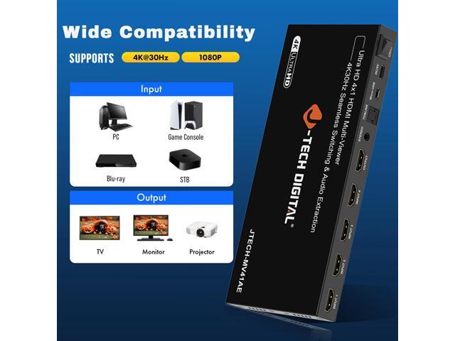 J-Tech Digital 4K HDMI Multiviewer Switch 4 In 1 Out, 4x1 4K 30Hz HDMI Quad Multiviewer Seamless Switcher with PiP, 6 Viewing Modes, Audio...