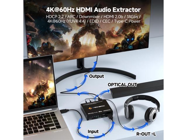 J-Tech Digital HDMI Audio Extractor 4K 60Hz with HDMI-ARC & Audio Downmix, HDMI to Optical & RCA Converter, HDCP 2.2 DTS Digital 5.1 PCM...