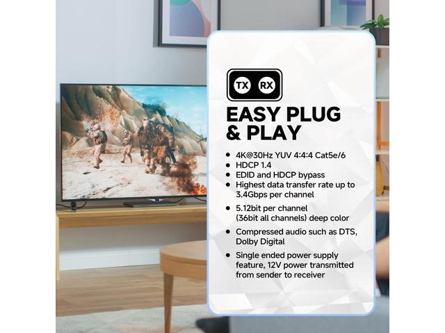 J-Tech Digital 4K HDMI Extender Over Ethernet Cat6/Cat7, 4K@30Hz Up to 132 Ft 1080P Up to 230 Ft, Supports 3.5mm Audio Extraction Port, HDMI Loop...