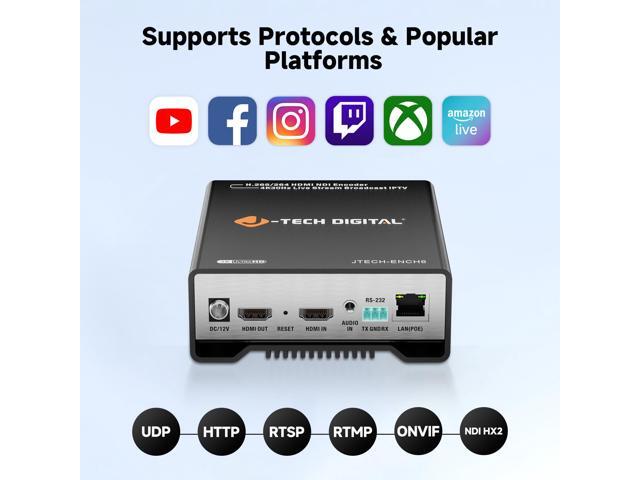 J-Tech Digital HDMI Encoder with NDI 4K 30Hz H.264 H.265 Livestream Encoder with Audio Embed and PoE, Supports UDP, HTTP, RTSP, RTMP, ONVIF, NDI...