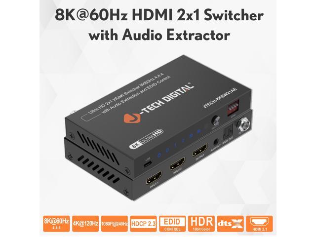 J-Tech Digital 8K HDMI Switch 2 In 1 Out, 8K@60Hz 4K@120Hz 1080P@240Hz with Audio Extraction, HDMI to Optical & Analog 3.5mm, HDR HDCP2.3 EDID...