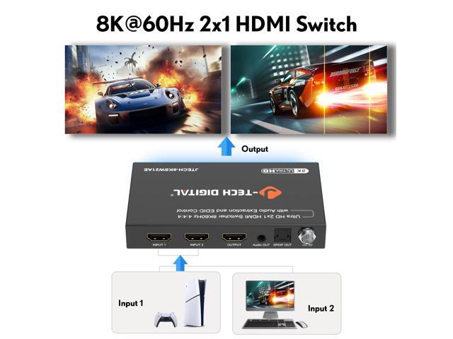 J-Tech Digital 8K HDMI Switch 2 In 1 Out, 8K@60Hz 4K@120Hz 1080P@240Hz with Audio Extraction, HDMI to Optical & Analog 3.5mm, HDR HDCP2.3 EDID...