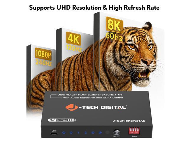J-Tech Digital 8K HDMI Switch 2 In 1 Out, 8K@60Hz 4K@120Hz 1080P@240Hz with Audio Extraction, HDMI to Optical & Analog 3.5mm, HDR HDCP2.3 EDID...