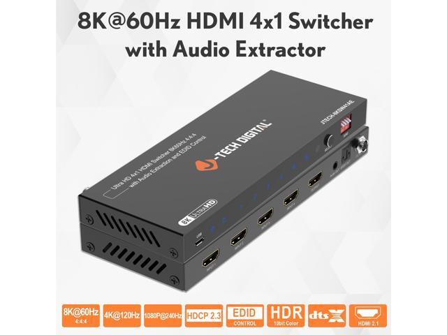 J-Tech Digital 8K HDMI Switch 4 In 1 Out, 8K@60Hz 4K@120Hz 1080P@240Hz with Audio Extraction, HDMI to Optical & Analog 3.5mm, HDR HDCP2.3 EDID...