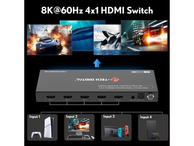 J-Tech Digital 8K HDMI Switch 4 In 1 Out, 8K@60Hz 4K@120Hz 1080P@240Hz with Audio Extraction, HDMI to Optical & Analog 3.5mm, HDR HDCP2.3 EDID...