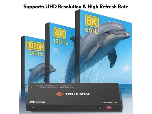 J-Tech Digital 8K HDMI Switch 4 In 1 Out, 8K@60Hz 4K@120Hz 1080P@240Hz with Audio Extraction, HDMI to Optical & Analog 3.5mm, HDR HDCP2.3 EDID...