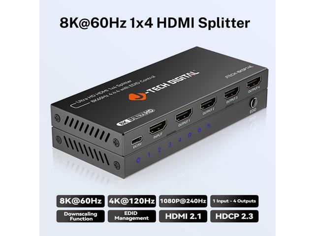 J-Tech Digital 8K HDMI Splitter 1 In 4 Out, HDMI 2.1 1x4 Splitter 8K@60Hz 4K@120Hz 1080P@240Hz, Duplicate/Mirror Screen 3 EDID Modes with...