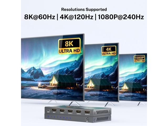 J-Tech Digital 8K HDMI Splitter 1 In 4 Out, HDMI 2.1 1x4 Splitter 8K@60Hz 4K@120Hz 1080P@240Hz, Duplicate/Mirror Screen 3 EDID Modes with...