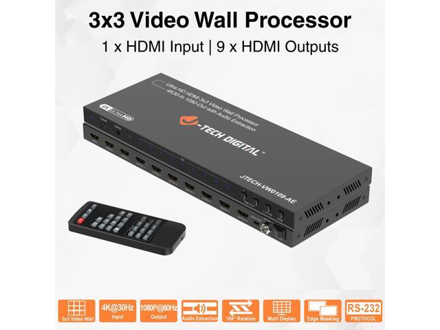 J-Tech Digital Video Wall Controller 3x3, 4K30Hz Input 1080P Output HDMI Video Wall Processor with Audio Extraction, 13 Display Modes 180° Image...
